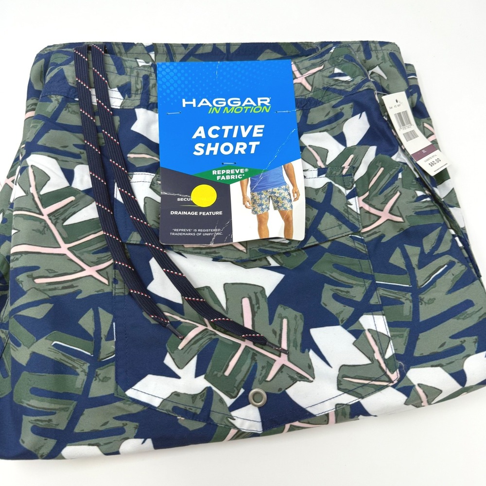 Haggar‎ In Motion Mens Active Short XL 40/42 Tropical Monstera Navy Green NEW